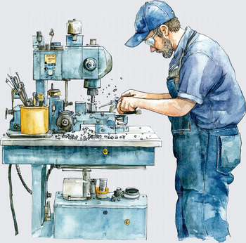 Watercolor Machinist Worker Operating Metal Lathe Mill with Safety Glasses and Blue Cap