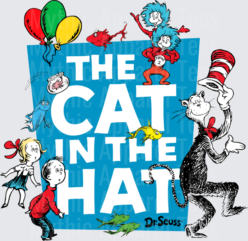 Dr. Seuss The Cat in the Hat Characters Collage with Thing 1 Thing 2 and Colorful Balloons Blue Graphic