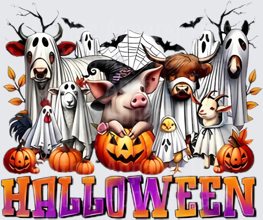 Halloween Farm Animals Ghost Sheet Costumes Pig Witch Hat Cow Goat Chicken Chick Jack-o-Lantern Pumpkins Bats Spiderweb