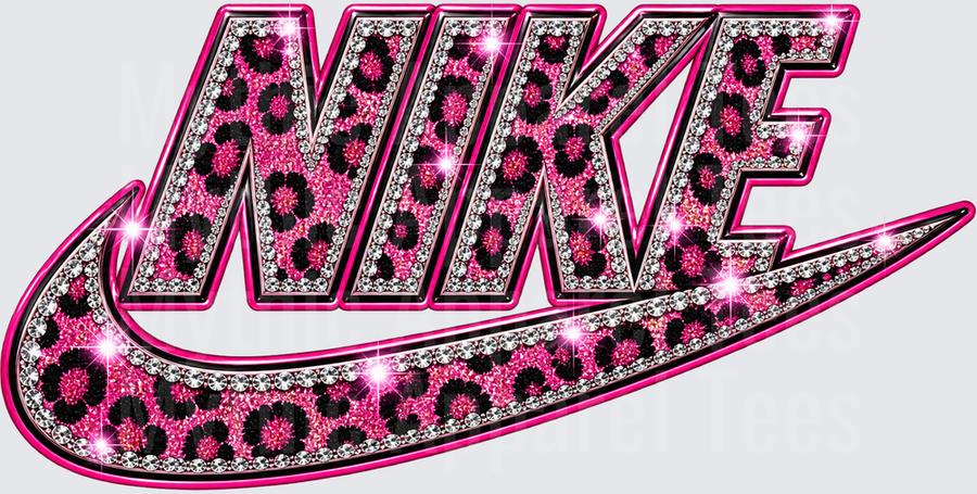Nike Pink Leopard Print Glitter Diamond Rhinestone Swoosh Logo Bling Cheetah Sparkle Design