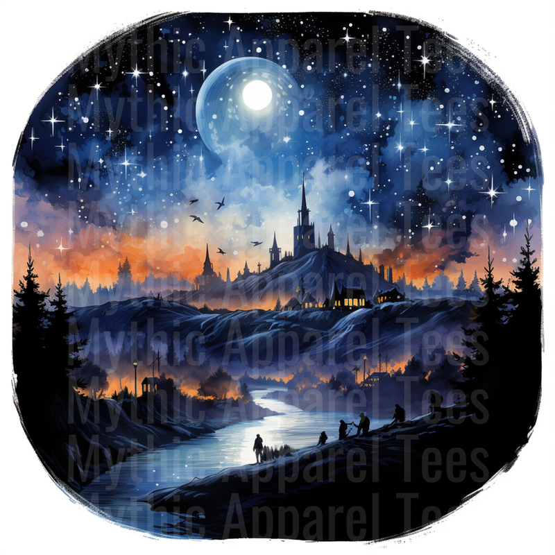 Nativity Fantasy Gothic Castle Moonlit Night Watercolor Scene