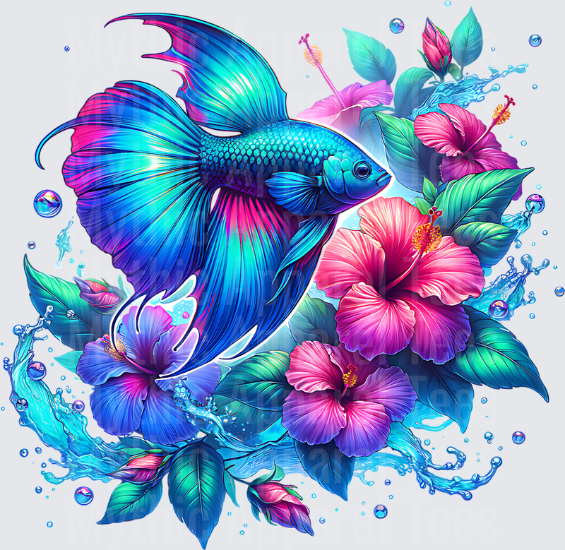 Ocean Animals Vibrant Betta Fish with Tropical Hibiscus Blooms and Water Splashes