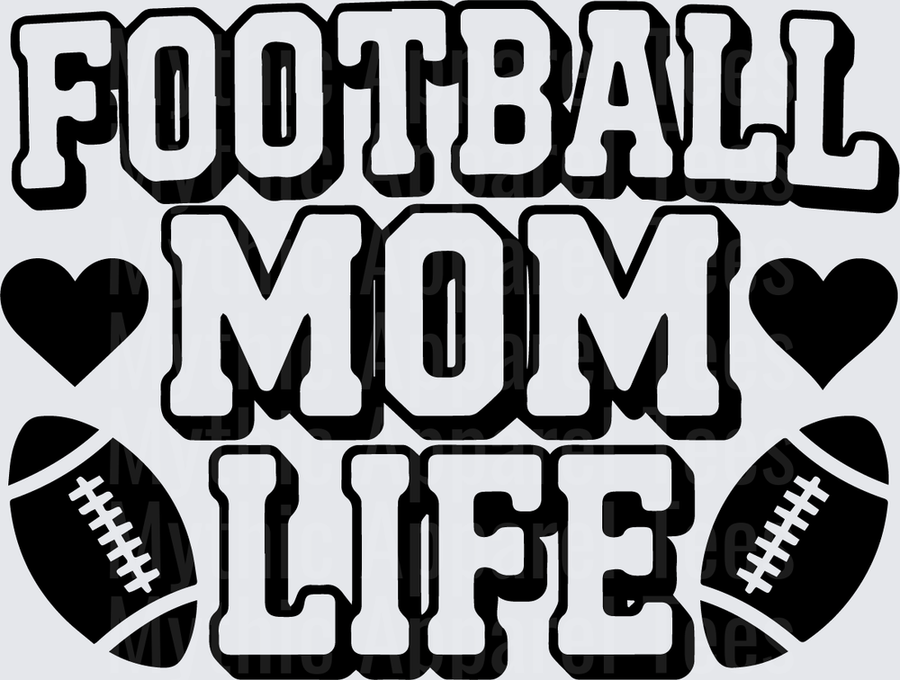 American Football Mom Life Bold Text with Hearts and Footballs