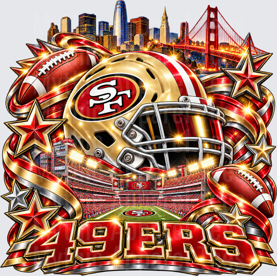 San Francisco 49ers Gold Helmet Stadium Golden Gate Bridge Skyline Bold Graphic with Stars and Footballs