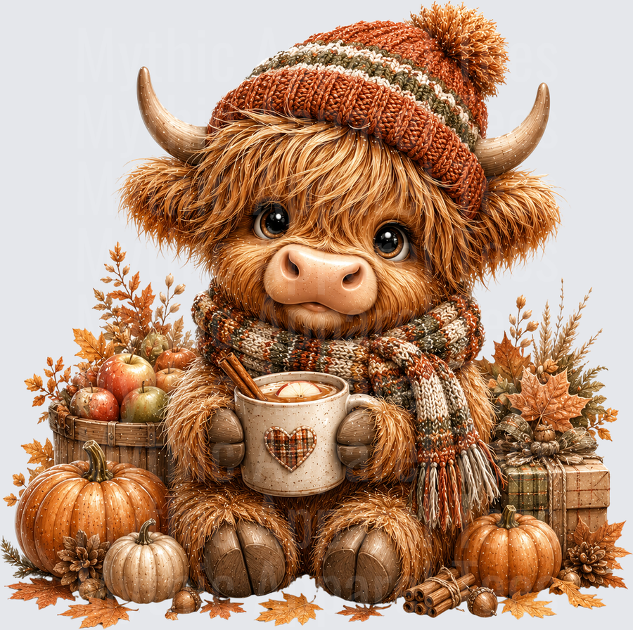 Cute Baby Highland Cow Wearing Knit Beanie and Scarf Holding Hot Apple Cider Mug Surrounded by Fall Pumpkins and Autumn Leaves