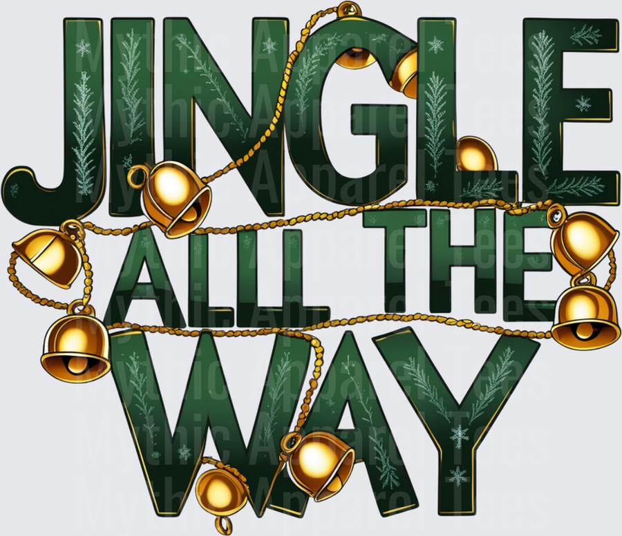 Christmas Jingle All The Way Green Gold Bells Typography