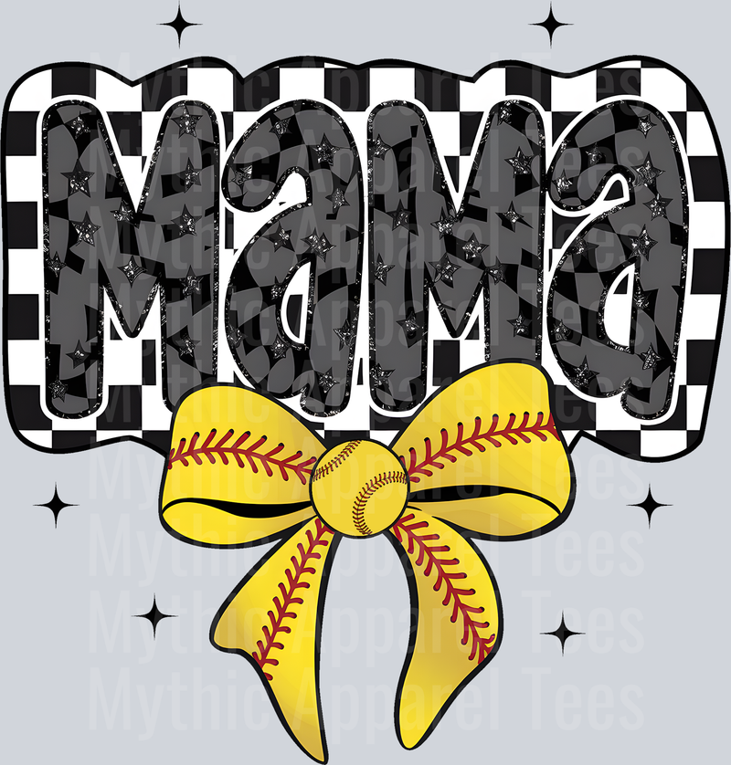 mama softball checkers yellow bow with red stitch black print DTF Softball Transfers