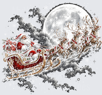 Santa Claus Flying Gold Sleigh With Reindeer Across Full Moon Night Sky With Snowflakes And Christmas Gifts