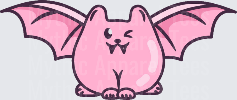Cute Chubby Pink Kawaii Bat Cat Winking with Vampire Fangs Wings Spread