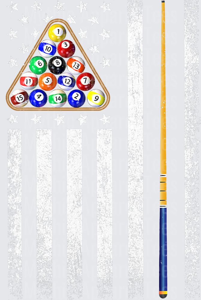 Billiard Ball Rack with Cue Stick on Distressed American Flag Background