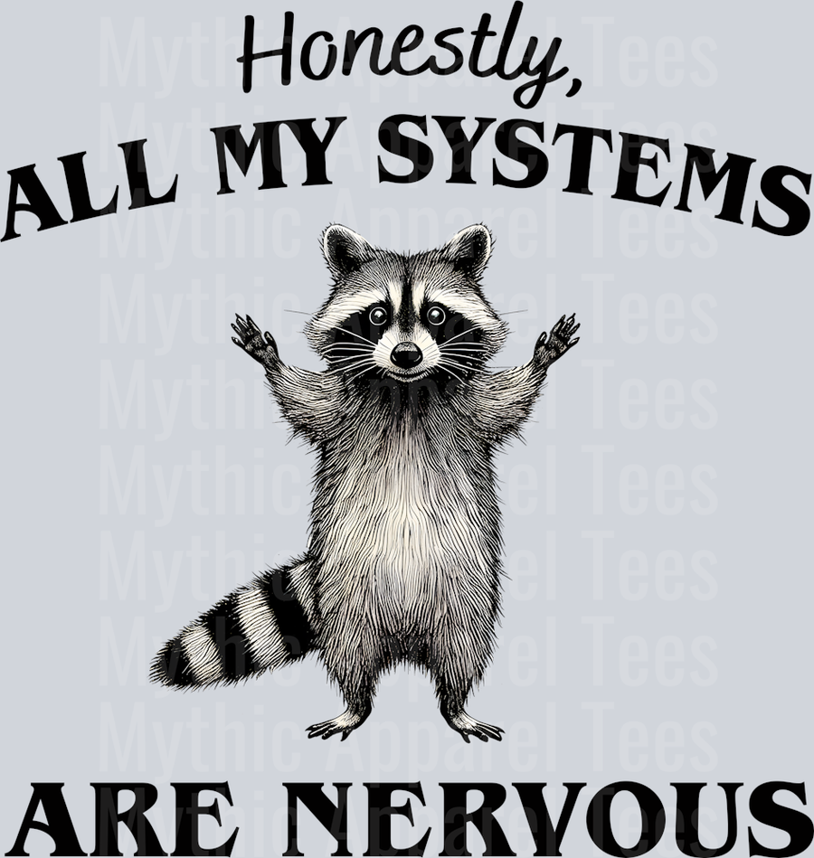 Honestly all my systems are nervous funny racoon design DTF Racoon Transfers