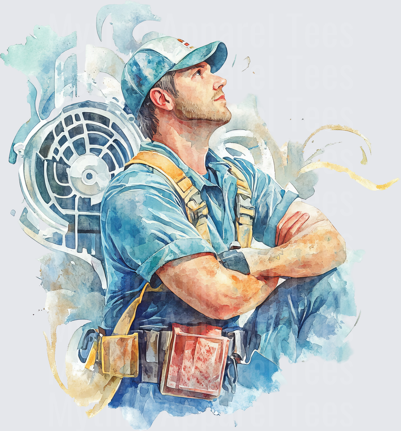 Watercolor HVAC Technician Arms Crossed With Tool Belt and AC Unit Fan Background