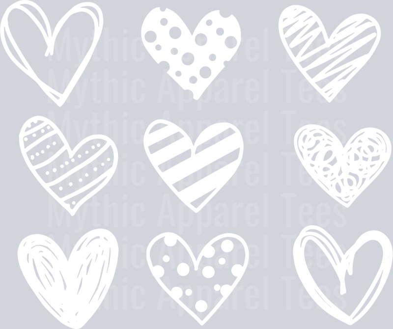 Sketched Hearts White Valentines Day DTF Heart Transfers