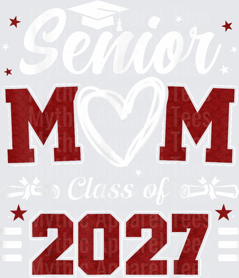 Senior Mom Class of 2027 Glitter Red Varsity Letter Heart Design with Stars
