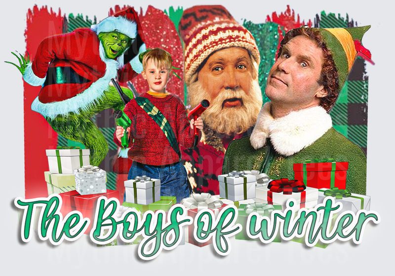 The Boys of Winter Grinch Kevin McCallister Santa Claus Buddy the Elf Christmas Movie Characters Collage with Gifts