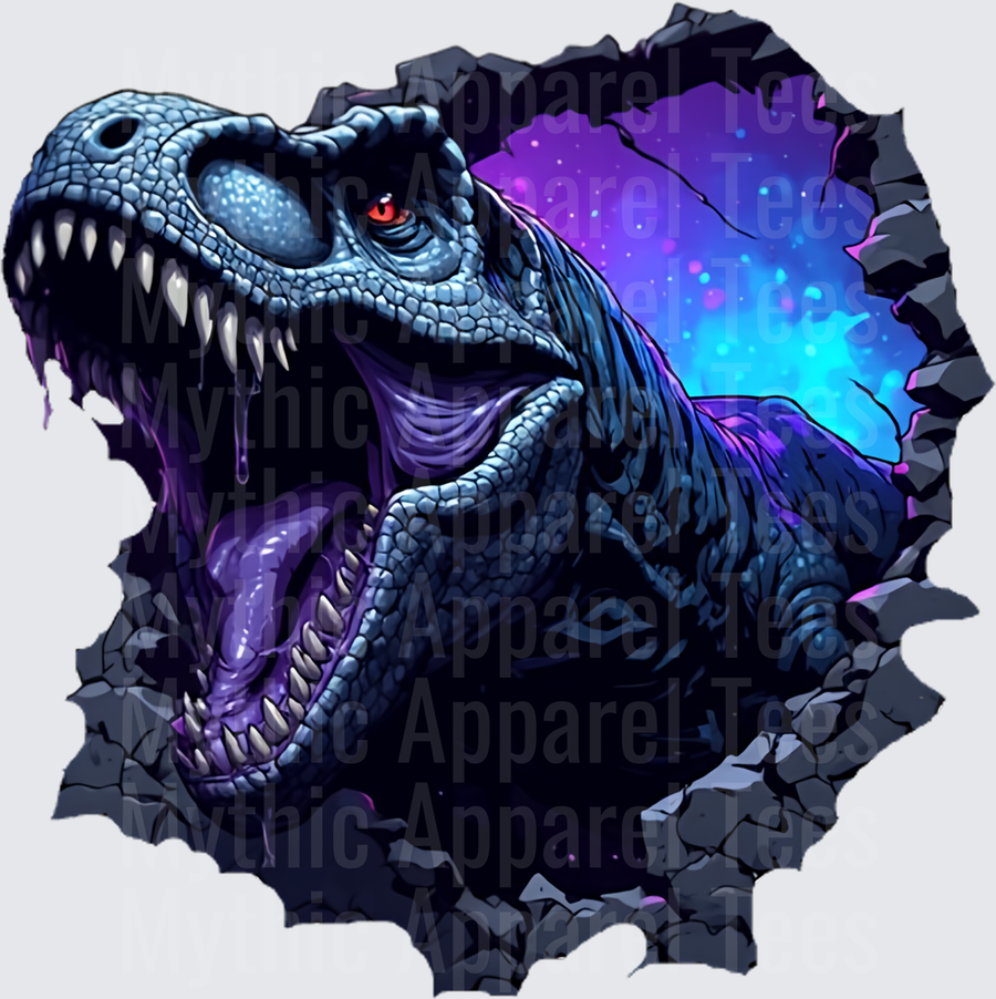 Ferocious T-Rex Bursting Through Stone Wall Galaxy Purple Blue Cosmic Dinosaur