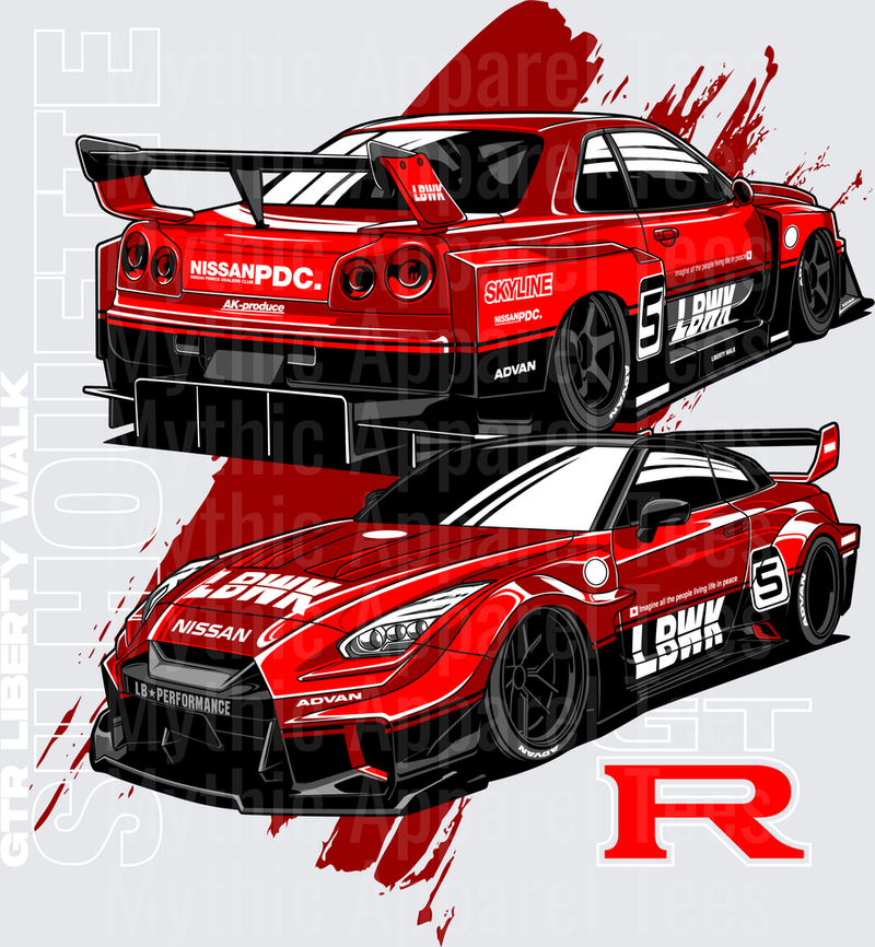 Drifting and Muscle Cars Nissan Skyline R34 GT-R LBWK Liberty Walk Widebody Dual View Red Racing Livery