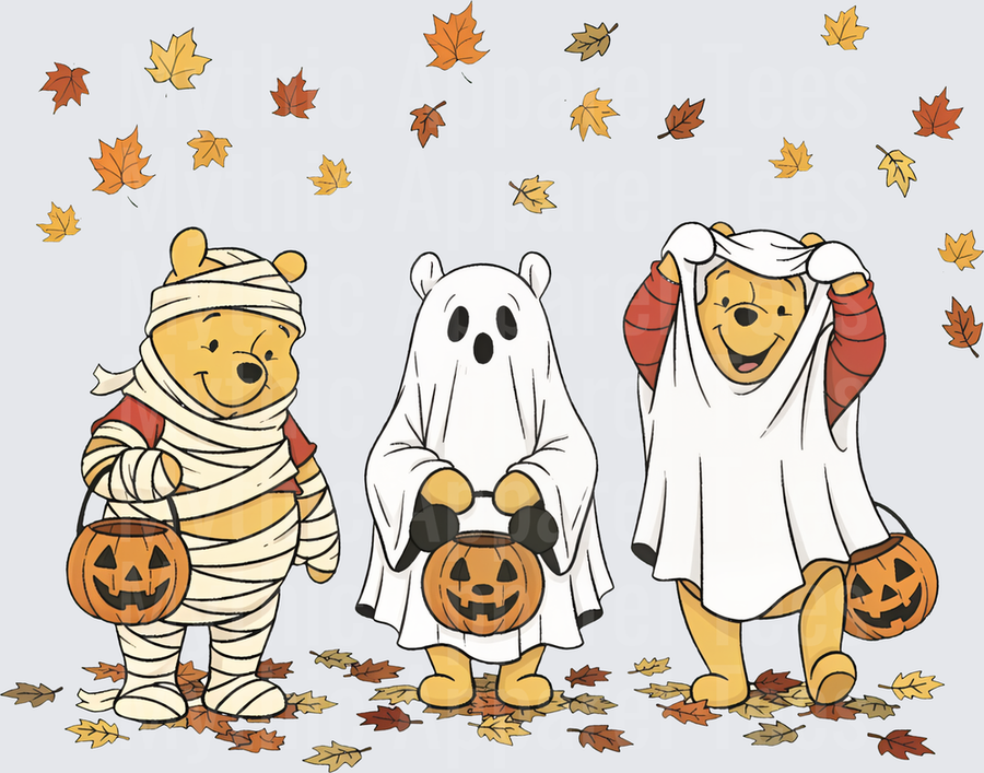 Winnie the Pooh Halloween Trick or Treat Mummy Ghost Costume Autumn Falling Leaves Pumpkin Candy Bucket