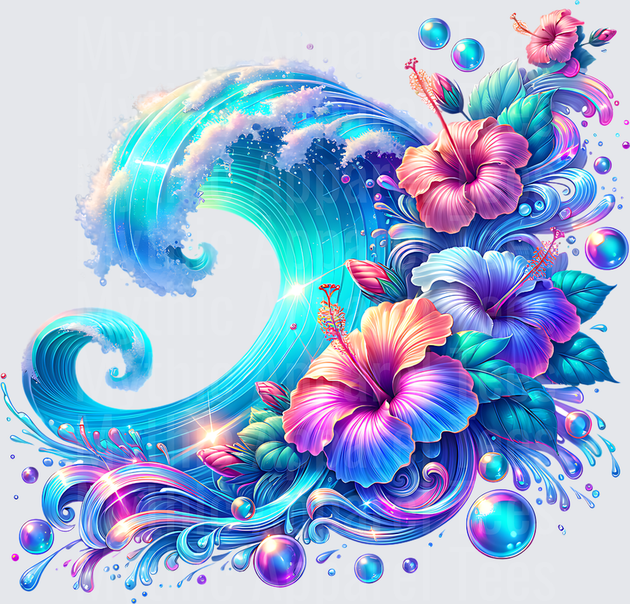 Ocean Animals Tropical Hibiscus Wave with Iridescent Bubbles