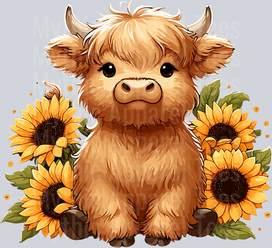 Precious Highland Cow with yellow sunflowers DTF Highland Cow Transfers