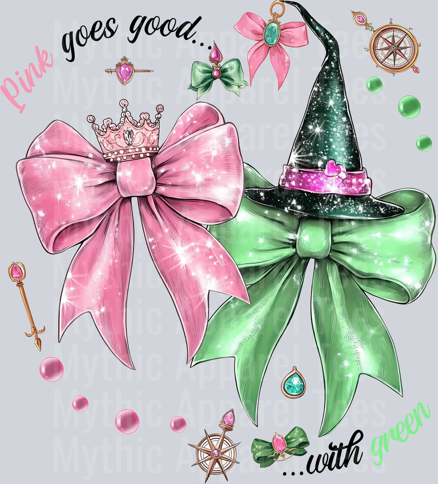 Coquette Bow Wicked Movie Pink Goes Good With Green 2 bows DTF Wicked Transfers