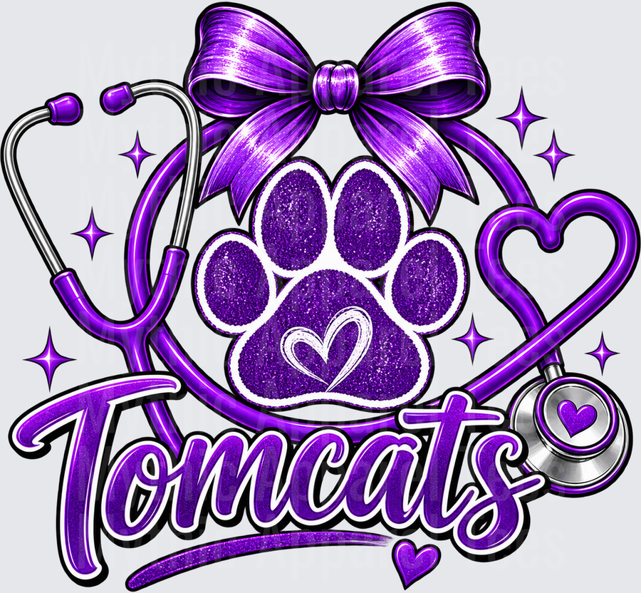 Tomcats Purple Glitter Paw Print Stethoscope Coquette Bow Nurse School Spirit Design