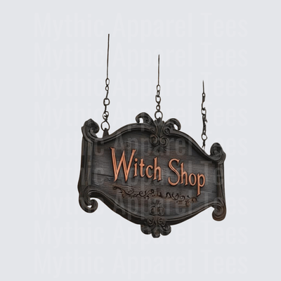 Vintage Hanging Witch Shop Ornate Wooden Sign with Iron Chains and Scroll Detailing