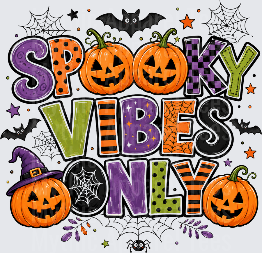Spooky Vibes Only Halloween Jack-O-Lantern Pumpkins Bats Spider Webs Witch Hat Colorful Patterned Letters