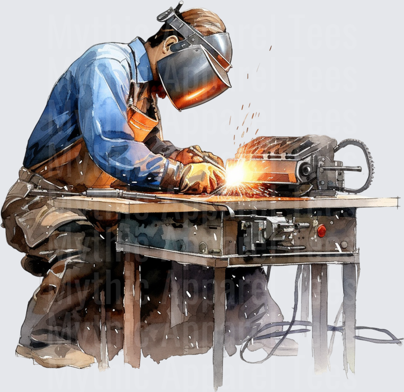 Watercolor Welder With Welding Mask Sparks Flying Blue Collar Tradesman Workshop Scene