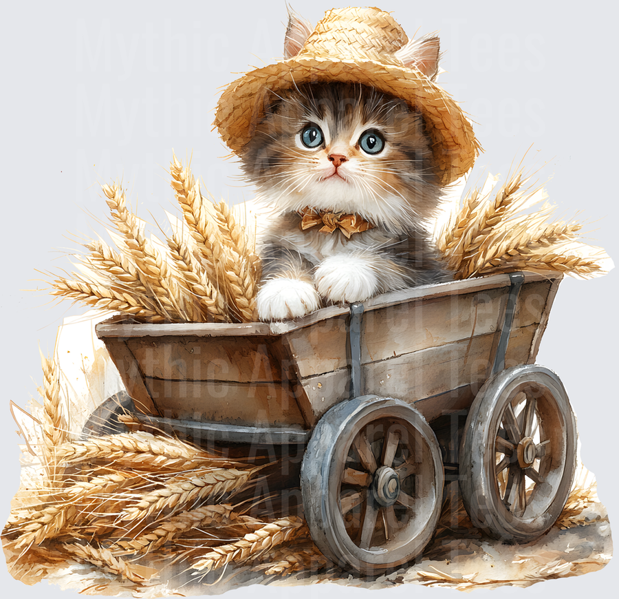 Farm Life and Farm Animals Kitten in Straw Hat Wooden Wagon Wheat