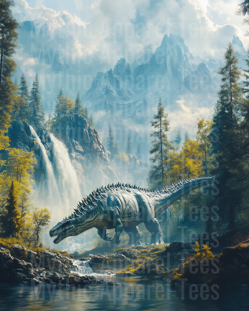Massive Spined Dinosaur Roaming Ancient Wilderness Waterfall Mountain Forest Landscape