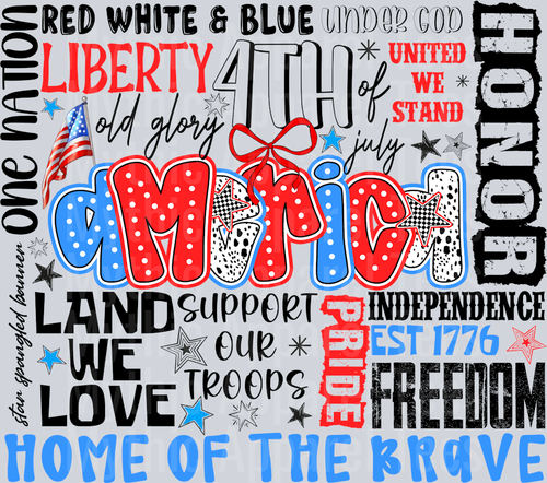 America Home Of The Brave Word Collage Red White and Blue Patriotic DTF 4th of July Transfers