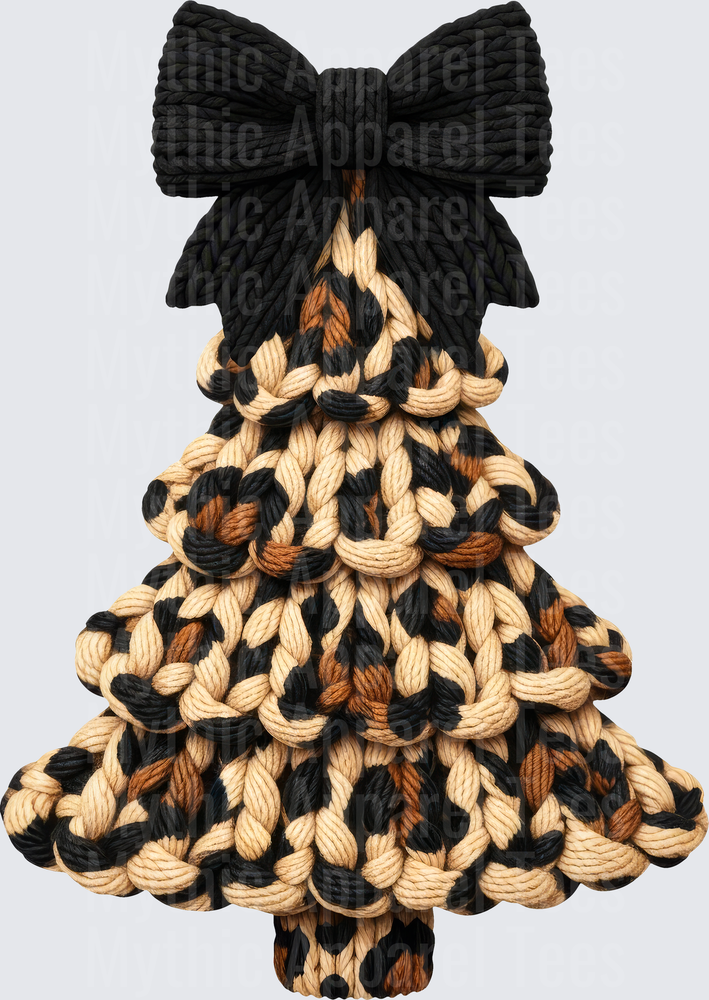 Chunky Knit Yarn Christmas Tree with Black Bow Leopard Print
