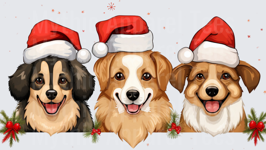 Three Smiling Dogs Wearing Santa Hats with Holiday Holly and Pine Branches