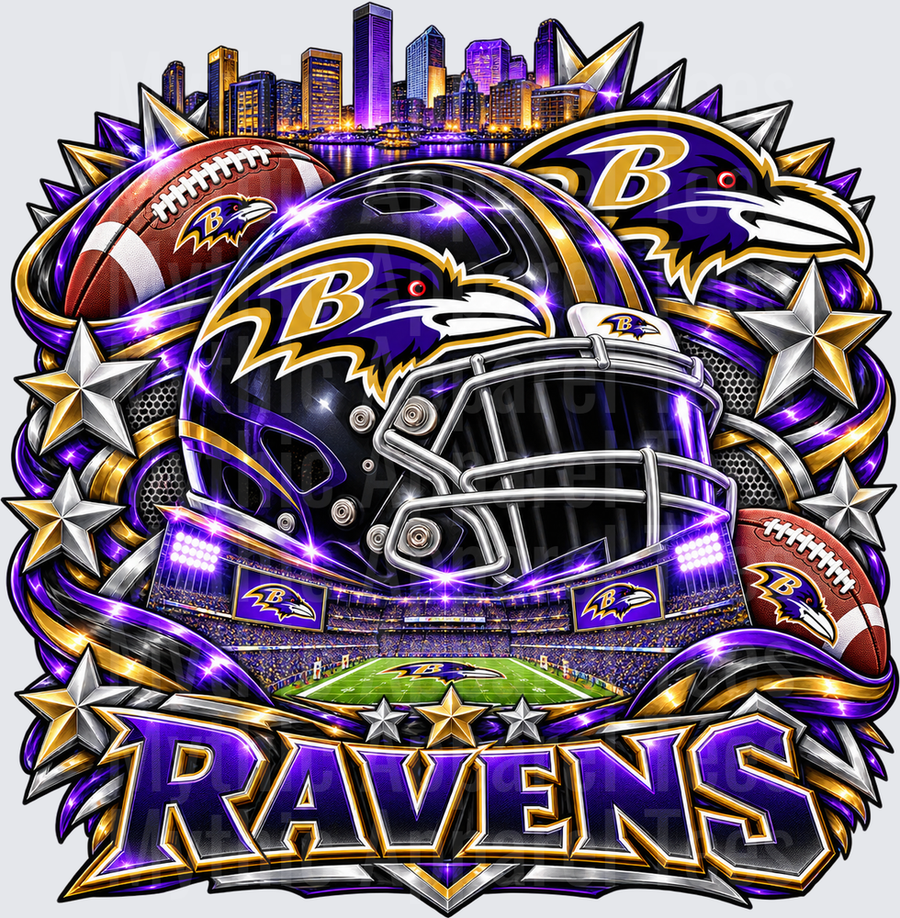Baltimore Ravens Purple and Black Helmet Stadium Cityscape Collage with Gold Stars and Ravens Logo