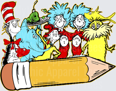 DR Seuss Characters Group Scene with Giant Pencil