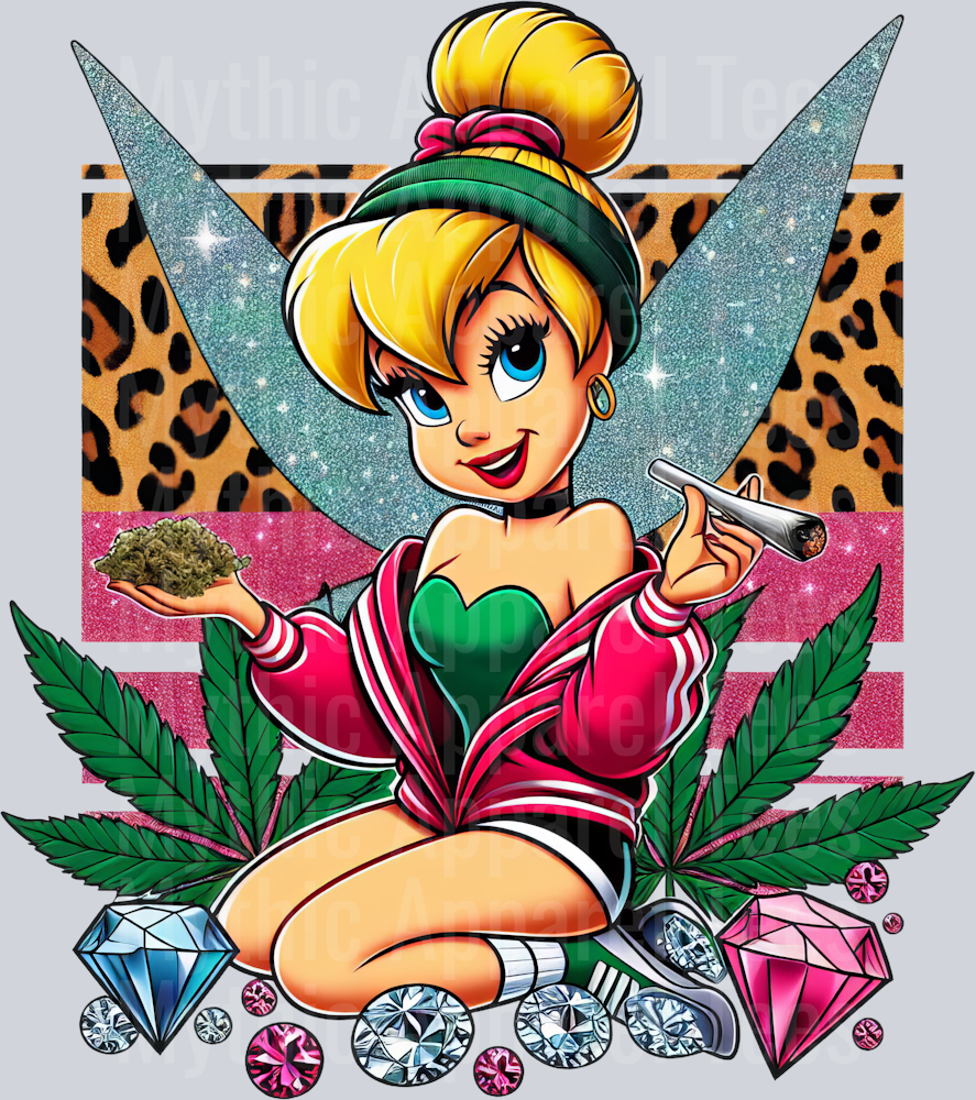 Tinkerbell 4 Weed Plant Cheeta Print Jewels Smoking Weed DTF Weed Transfers