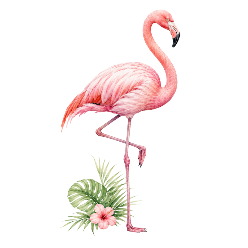 Flamingos Pink Watercolor Flamingo with Tropical Leaves and Hibiscus