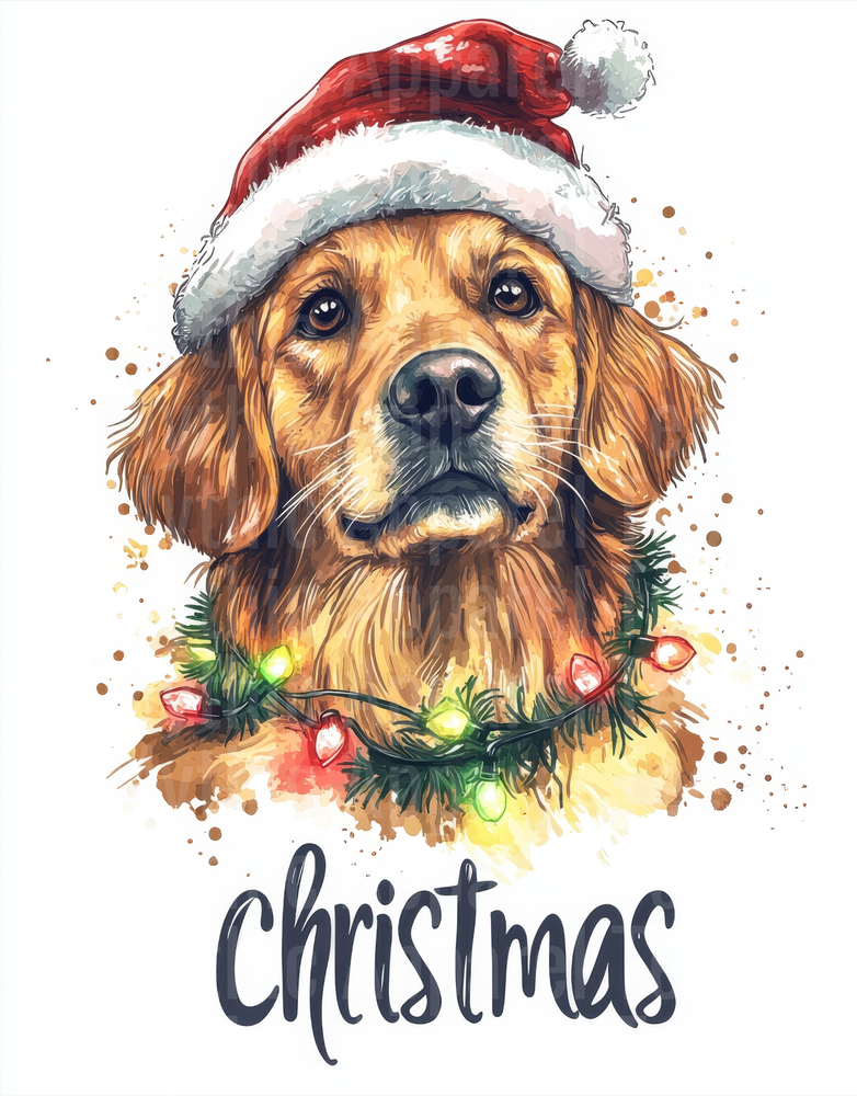 Golden Retriever Santa Hat Christmas Lights Watercolor Holiday Dog