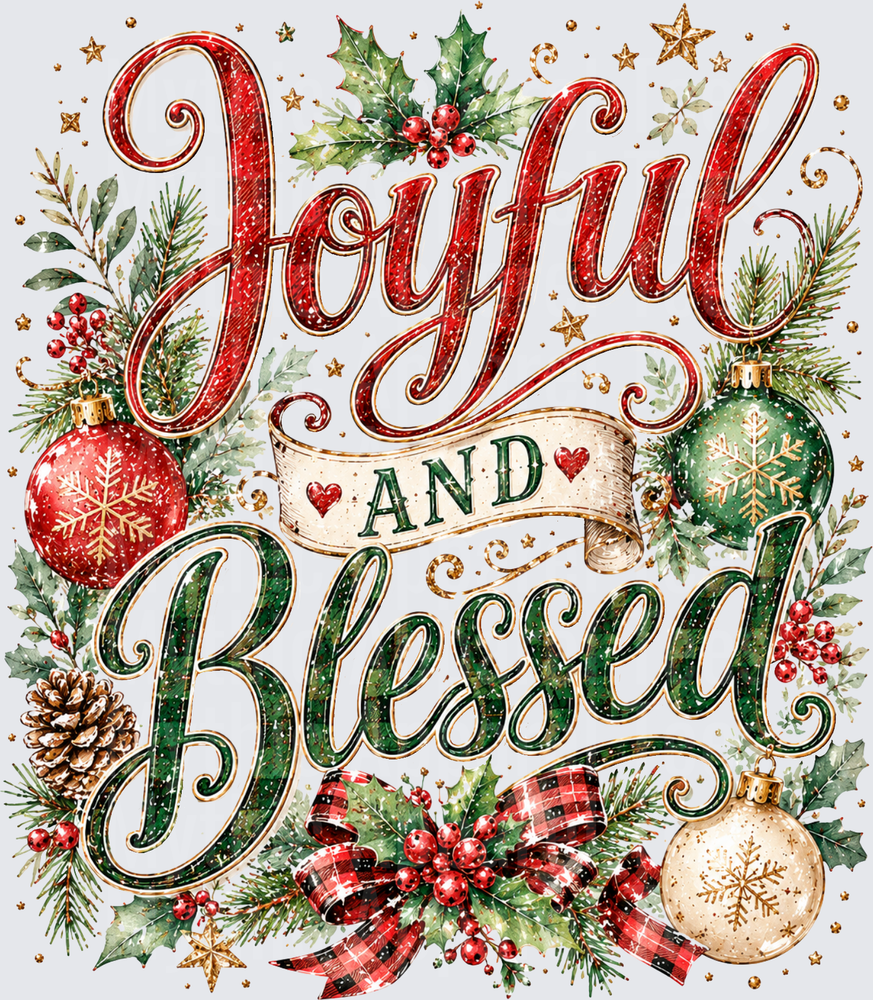 Joyful And Blessed Christmas Holiday Lettering with Holly Ornaments Pine Cones and Plaid Bow