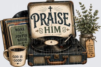 Praise Him Vintage Record Player Christian Faith Coffee Mug Make A Joyful Noise Psalm 100 God Is Good Let Everything That Has Breath Praise The Lord