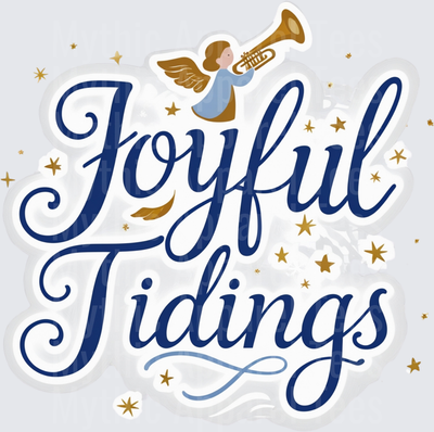 Christmas Joyful Tidings Angel Trumpet Gold Stars Script