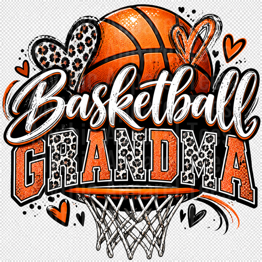 Basketball Grandma Leopard Print Heart Hoop and Ball Graphic with Script Lettering and Orange Glitter Text Design