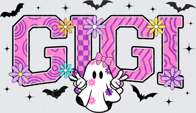 Halloween Gigi Pink Varsity Letter Ghost with Bow Floral Daisy Bats Sparkle Design