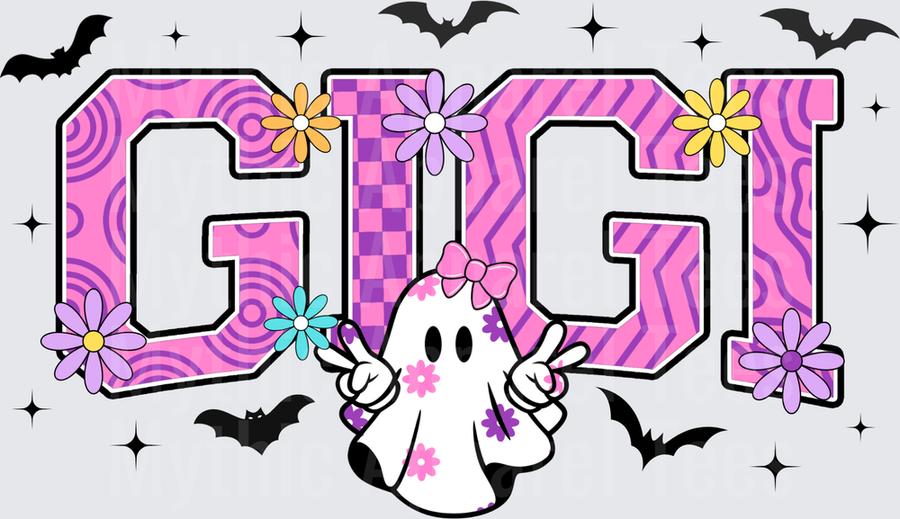 Halloween Gigi Pink Varsity Letter Ghost with Bow Floral Daisy Bats Sparkle Design
