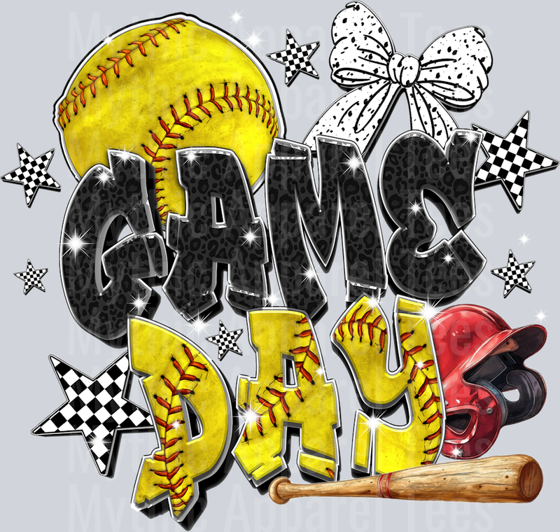 Game Day Yellow Softball with glitter bow cute DTF Sports Transfers
