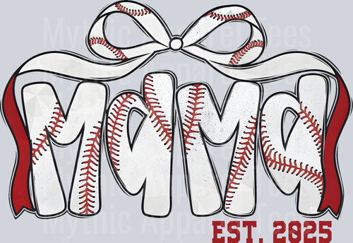 mama baseball Est 2025 White bow with baseball stiches DTF Baseball Transfers