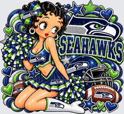 Betty Boop Seattle Seahawks Cheerleader with Pom Poms Glitter Fan Art