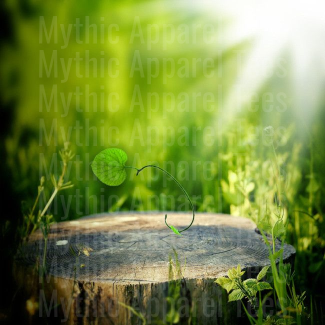 Tiny Sprout Growing from Forest Stump in Sunlit Green Meadow Nature Scene