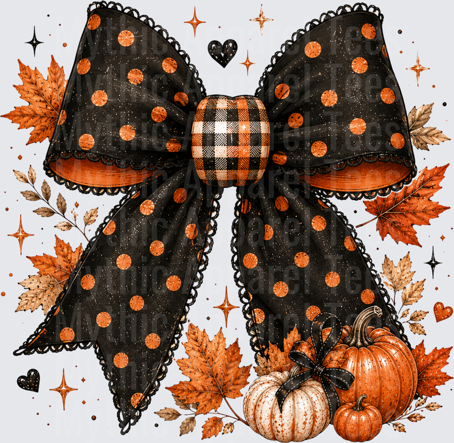Black Orange Polka Dot Coquette Bow with Buffalo Plaid Knot Fall Pumpkins and Autumn Leaves Halloween